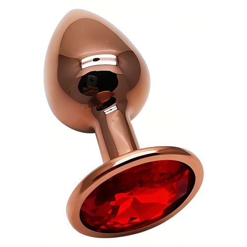 Анальна пробка золотиста із нержавіючої сталі з червоним кристалом EGZO Round Plug розмір S