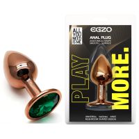 Анальна пробка золотиста із нержавіючої сталі з бірюзовим кристалом EGZO Round Plug розмір S