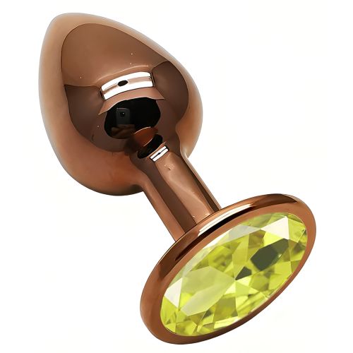 Анальна пробка золотиста з нержавіючої сталі із салатовим кристалом EGZO Round Plug розмір S