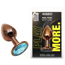 Анальная пробка золотистая из нержавеющей стали с голубым кристаллом EGZO Round Plug размер S