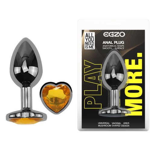 Анальная пробка темно серебристая из нержавеющей стали с кристаллом в форме сердца золотистым EGZO Round Plug размер M