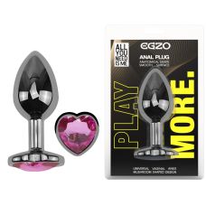 Анальная пробка темно серебристая из нержавеющей стали с кристаллом в форме сердца малиновым EGZO Round Plug размер M