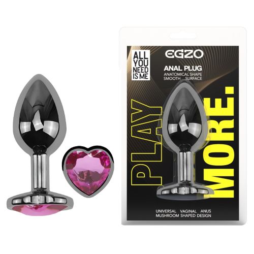 Анальна пробка темно-срібляста з нержавіючої сталі з кристалом у формі серця малиновим EGZO Round Plug розмір S