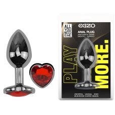 Анальная пробка темно серебристая из нержавеющей стали с кристаллом в форме сердца красным EGZO Round Plug размер M