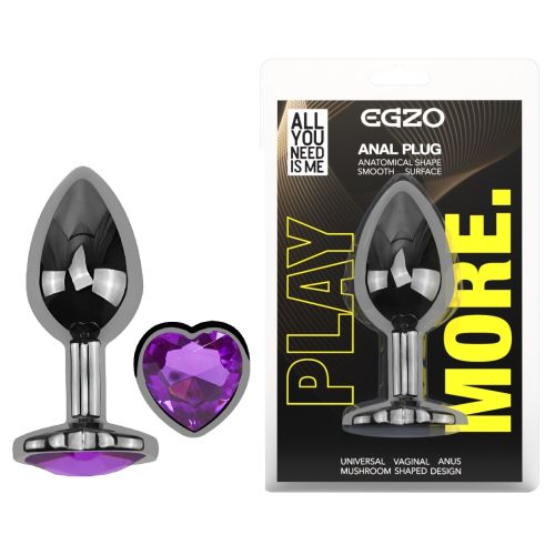 Анальна пробка темно-срібляста з нержавіючої сталі з кристалом у формі серця фіолетовим EGZO Round Plug розмір S