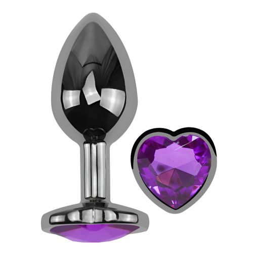 Анальна пробка темно-срібляста з нержавіючої сталі з кристалом у формі серця фіолетовим EGZO Round Plug розмір S