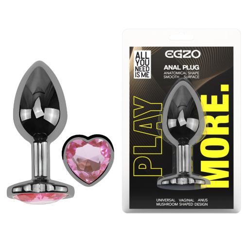 Анальная пробка темно серебристая из нержавеющей стали с кристаллом в форме сердца розовым EGZO Round Plug размер M