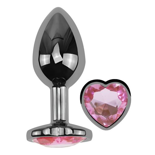 Анальная пробка темно серебристая из нержавеющей стали с кристаллом в форме сердца розовым EGZO Round Plug размер S