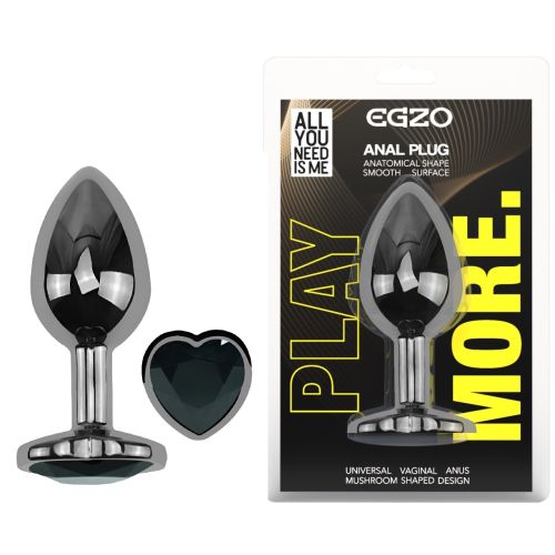 Анальна пробка темно-срібляста з нержавіючої сталі з кристалом у формі серця чорним EGZO Round Plug розмір S