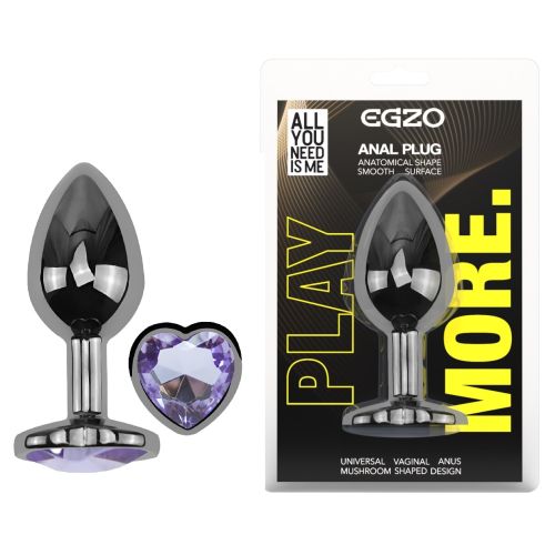 Анальна пробка темно-срібляста з нержавіючої сталі з кристалом у формі серця бузковим EGZO Round Plug розмір S