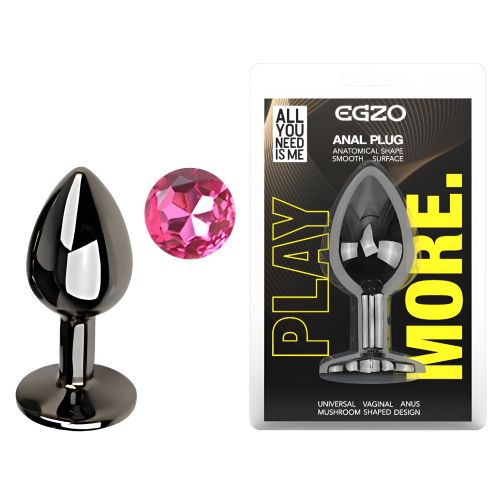 Анальная пробка темно серебристая из нержавеющей стали с кристаллом малиновым EGZO Round Plug размер S