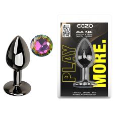 Анальная пробка темно серебристая из нержавеющей стали с кристаллом радужным EGZO Round Plug размер S