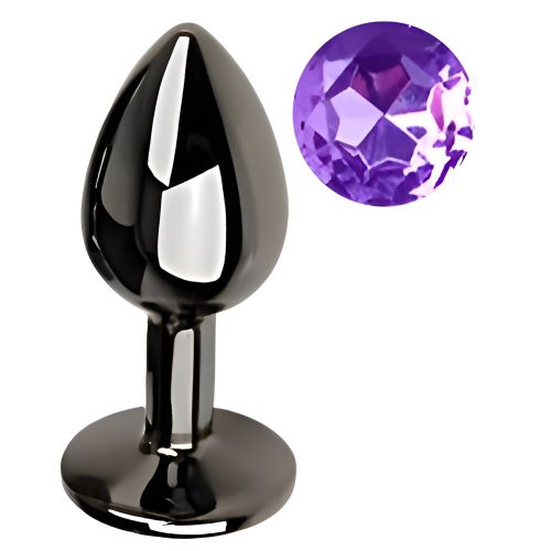 Анальная пробка темно серебристая из нержавеющей стали с кристаллом фиолетовым EGZO Round Plug размер S