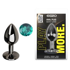 Анальная пробка темно серебристая из нержавеющей стали с кристаллом бирюзовым EGZO Round Plug размер S