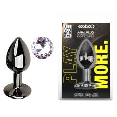 Анальная пробка темно серебристая из нержавеющей стали с кристаллом прозрачным EGZO Round Plug размер S