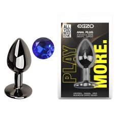 Анальная пробка темно серебристая из нержавеющей стали с кристаллом синим EGZO Round Plug размер S