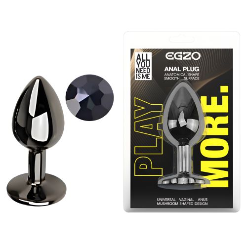 Анальная пробка темно серебристая из нержавеющей стали с кристаллом черным EGZO Round Plug размер S