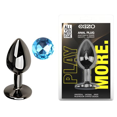 Анальная пробка темно серебристая из нержавеющей стали с кристаллом голубым EGZO Round Plug размер S