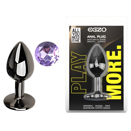 Анальная пробка темно серебристая из нержавеющей стали с кристаллом сиреневым EGZO Round Plug размер S