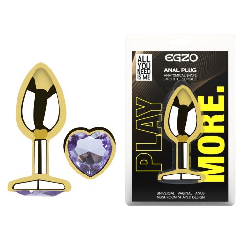 Анальная пробка золотистая из нержавеющей стали с кристаллом в форме сердца сиреневым EGZO Heart Plug размер M