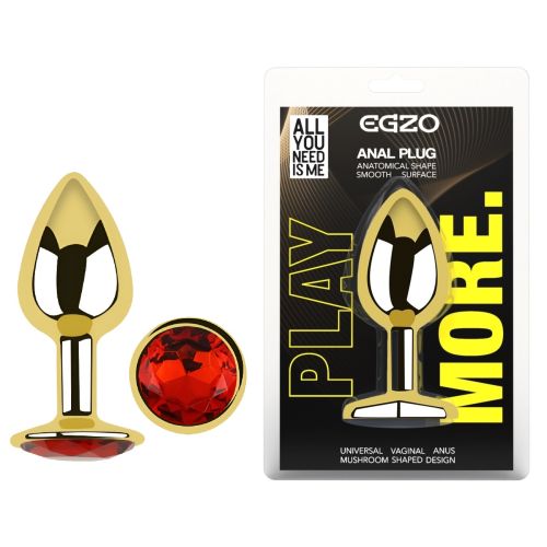 Анальна пробка золотиста з нержавіючої сталі з червоним кристалом EGZO Round Plug розмір S