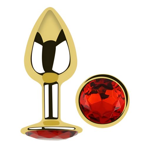 Анальна пробка золотиста з нержавіючої сталі з червоним кристалом EGZO Round Plug розмір S
