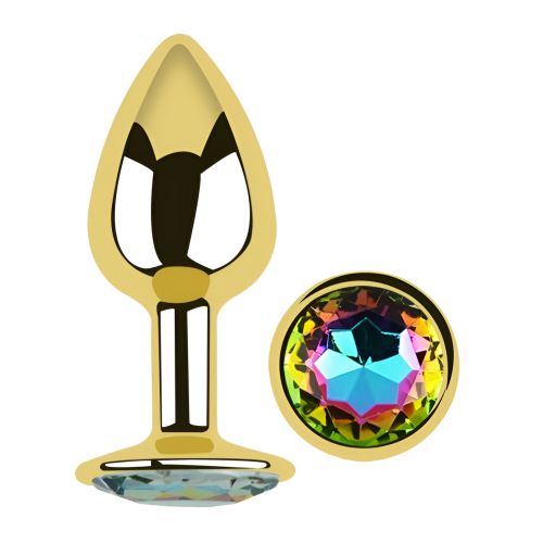 Анальна пробка золотиста із нержавіючої сталі з кристалом райдужним олотистим EGZO Round Plug розмір S
