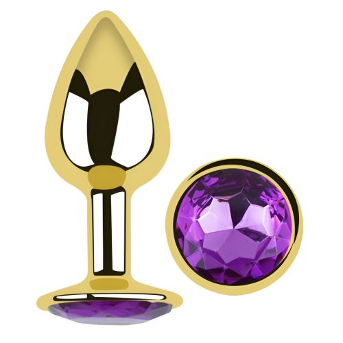 Анальна пробка золотиста з нержавіючої сталі з фіолетовим кристалом EGZO Round Plug розмір S