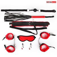 БДСМ набор Notabu (кляп, наручники, оковы, маска, ошейник с поводком, плеть, зажимы для сосков) красно-черного цвета