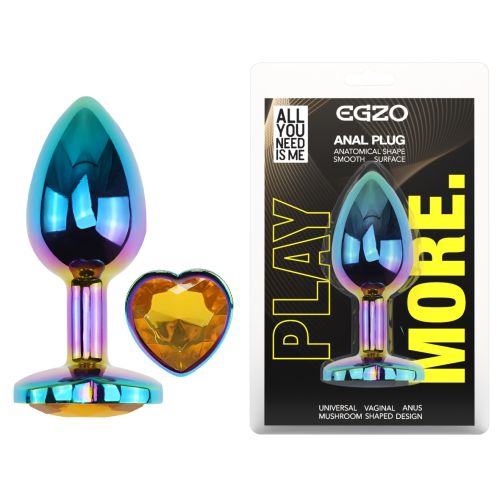 Анальная пробка радужная из нержавеющей стали с кристаллом в форме сердца золотистым EGZO Heart Plug размер M