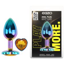 Анальная пробка радужная из нержавеющей стали с кристаллом в форме сердца золотистым EGZO Heart Plug размер S