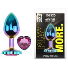 Анальная пробка радужная из нержавеющей стали с кристаллом в форме сердца малиновым EGZO Heart Plug размер M