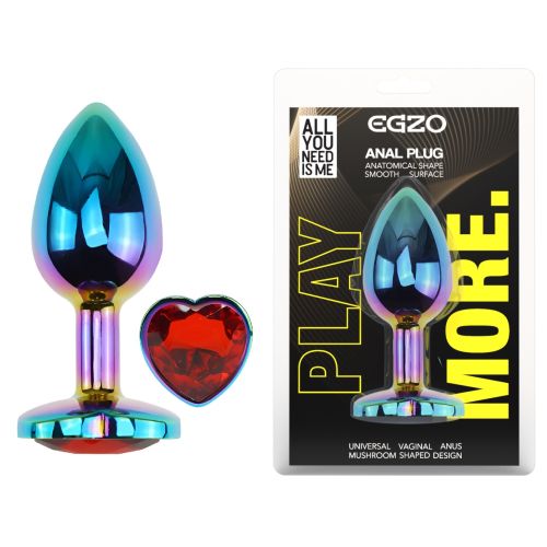 Анальная пробка радужная из нержавеющей стали с кристаллом в форме сердца красным EGZO Heart Plug размер M