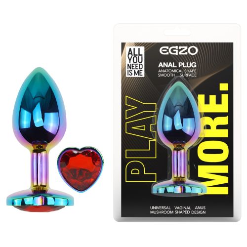 Анальна пробка райдужна з нержавіючої сталі з кристалом у формі серця червоним EGZO Heart Plug розмір S