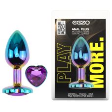 Анальная пробка радужная из нержавеющей стали с кристаллом в форме сердца фиолетовым EGZO Heart Plug размер S