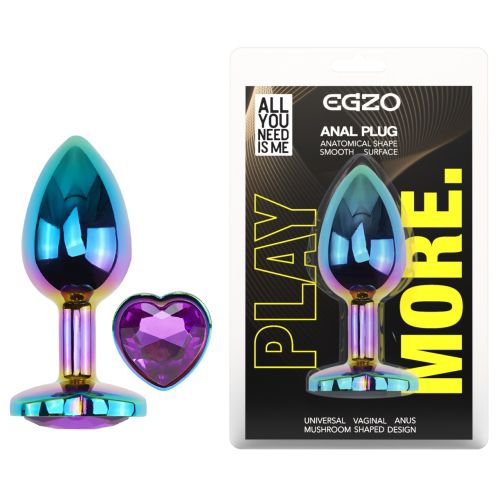 Анальна пробка райдужна з нержавіючої сталі з кристалом у формі серця фіолетовим EGZO Heart Plug розмір S