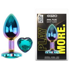 Анальная пробка радужная из нержавеющей стали с кристаллом в форме сердца бирюзовым EGZO Heart Plug размер M