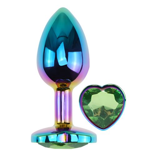 Анальная пробка радужная из нержавеющей стали с кристаллом в форме сердца зеленым EGZO Heart Plug размер S