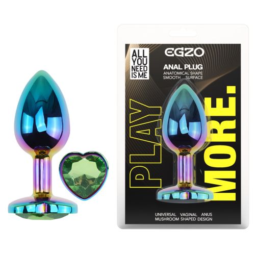 Анальная пробка радужная из нержавеющей стали с кристаллом в форме сердца зеленым EGZO Heart Plug размер S