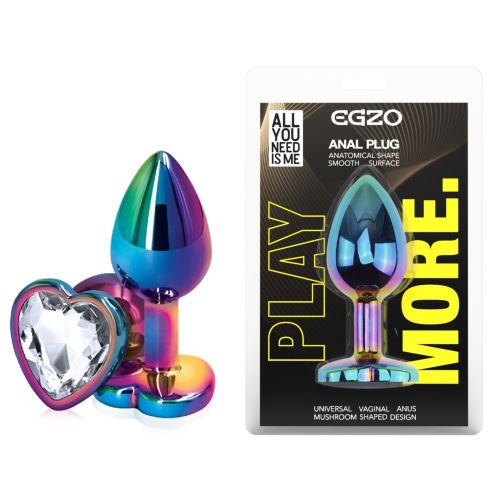 Анальна пробка райдужна з нержавіючої сталі із кристалом у формі серця прозорим EGZO Heart Plug розмір S