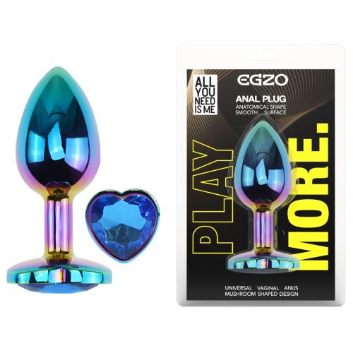 Анальна пробка райдужна з нержавіючої сталі із кристалом у формі серця синім EGZO Heart Plug розмір M