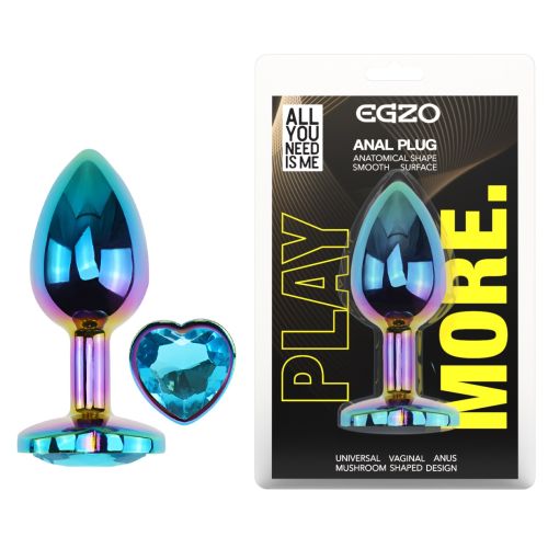 Анальная пробка радужная из нержавеющей стали с кристаллом в форме сердца голубым EGZO Heart Plug размер S