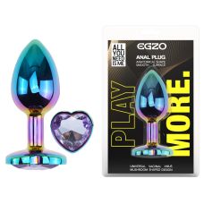 Анальная пробка радужная из нержавеющей стали с кристаллом в форме сердца сиреневым EGZO Heart Plug размер M