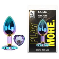 Анальная пробка радужная из нержавеющей стали с кристаллом в форме сердца сиреневым EGZO Heart Plug размер S