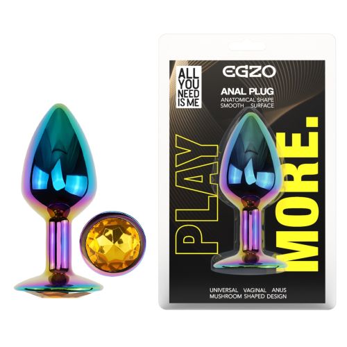 Анальная пробка радужная из нержавеющей стали с золотистым кристаллом EGZO Round Plug размер S