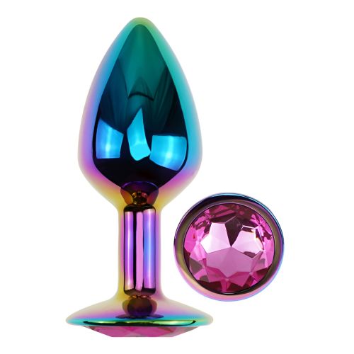 Анальна райдужна пробка з нержавіючої сталі з малиновим кристалом EGZO Round Plug розмір S