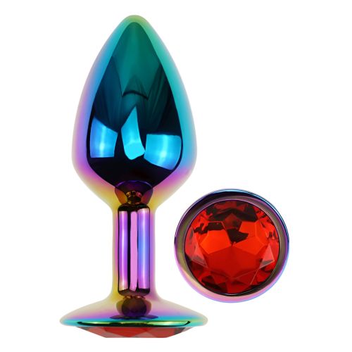 Анальная пробка радужная из нержавеющей стали с красным кристаллом EGZO Round Plug размер S