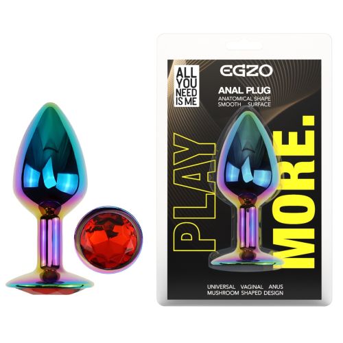 Анальная пробка радужная из нержавеющей стали с красным кристаллом EGZO Round Plug размер S