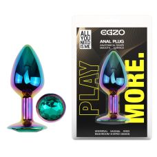 Анальна пробка райдужна з нержавіючої сталі з золотистим бірюзовим кристалом EGZO Round Plug розмір S