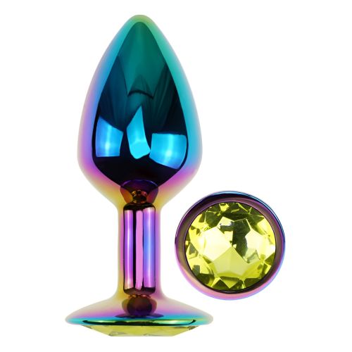 Анальна пробка райдужна з нержавіючої сталі із салатовим кристалом EGZO Round Plug розмір S
